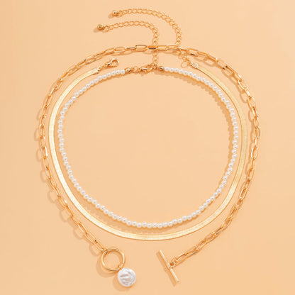 Pearl and 18K Gold-Plated Snake Chain Toggle Necklace Set, jewelry gift sets for women, detail close-up