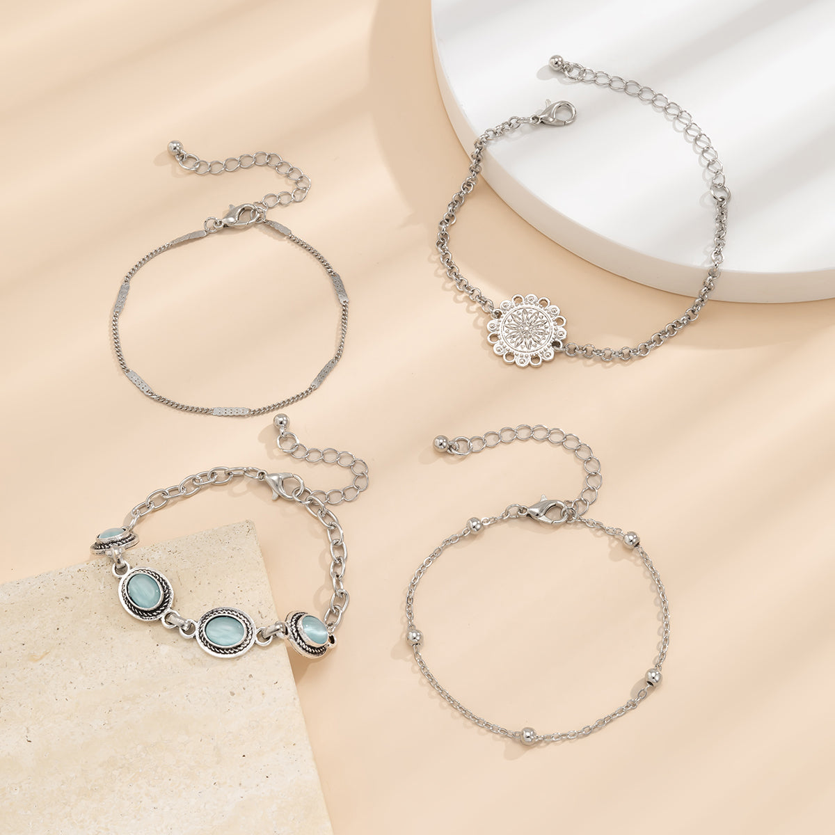 Cats Eye and Silver-Plated Oval Charm Bracelet Set, jewelry gift sets for women, botanical inspired, detail close-up