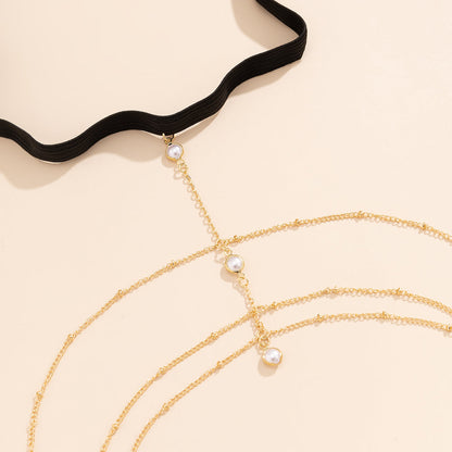 Pearl and 18K Gold-Plated Chevron Layered Leg Chain, gold pendant necklace for women, elegant gift for her, lifestyle look