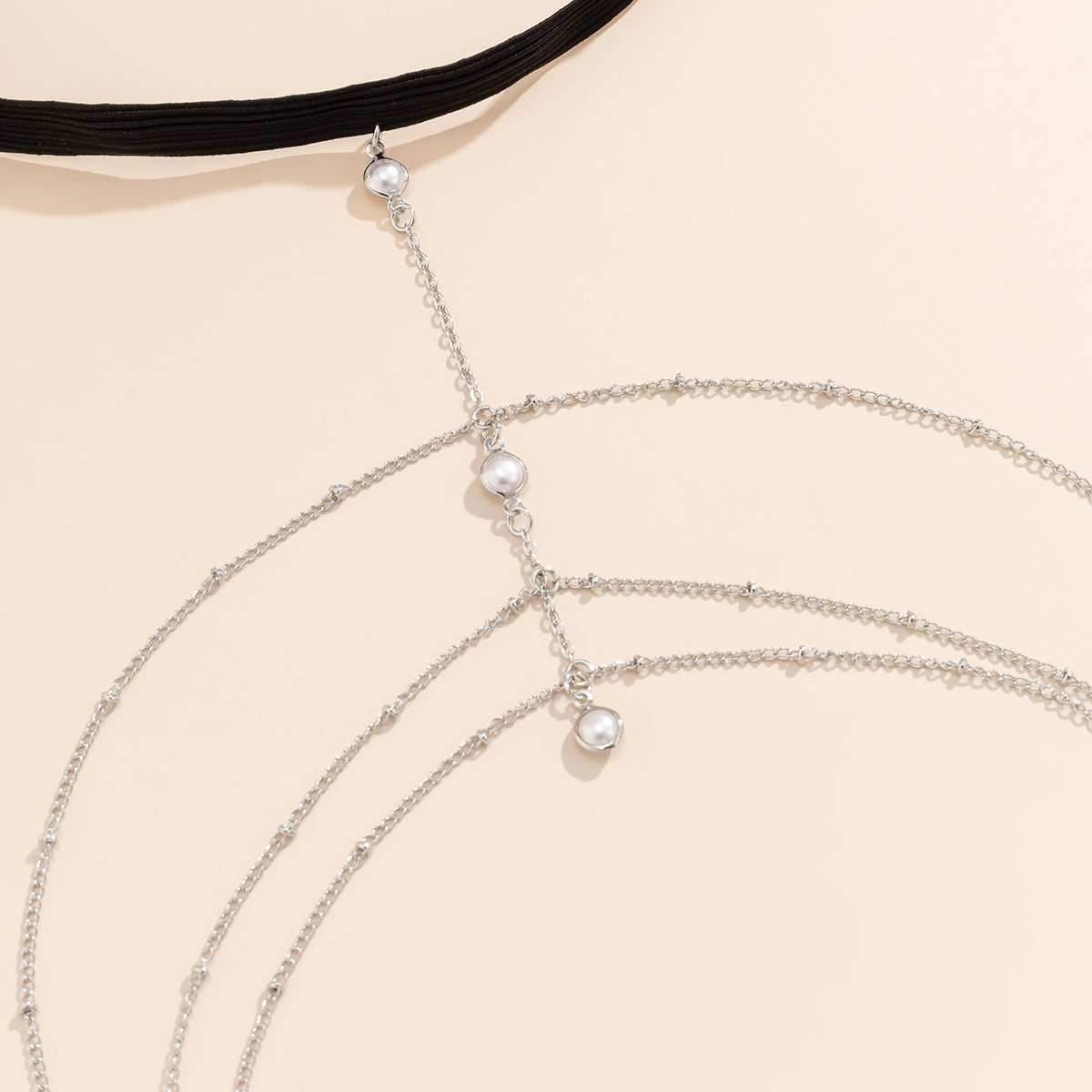 Pearl and Silver-Plated Chevron Layered Leg Chain, silver pendant necklace for women, botanical inspired, lifestyle look