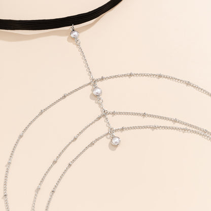Pearl and Silver-Plated Chevron Layered Leg Chain, silver pendant necklace for women, botanical inspired, lifestyle look