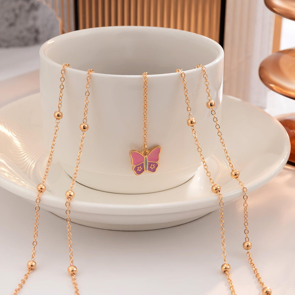 Pink Enamel & 18K Gold-Plated Butterfly Charm Layered Leg Chain