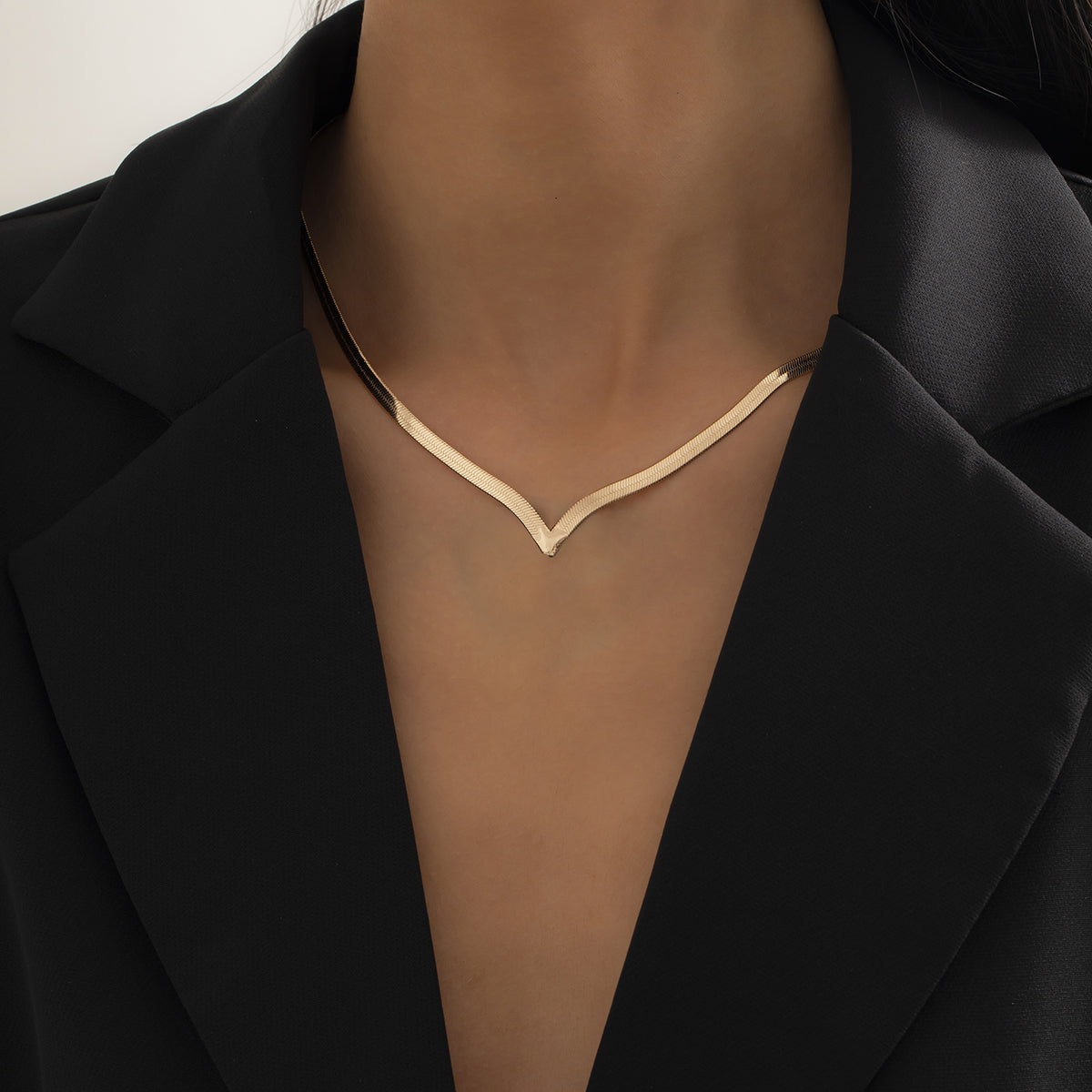 18K Gold-Plated Snake Chain V Necklace, chunky gold choker necklace, botanical inspired, lifestyle look