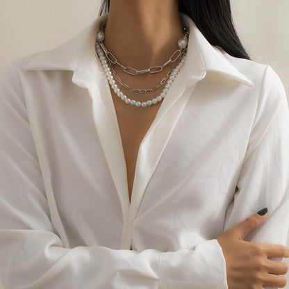 Pearl and Silver-Plated Figaro Chain Necklace Set, jewelry gift sets for women, dainty minimalist design, detail close-up