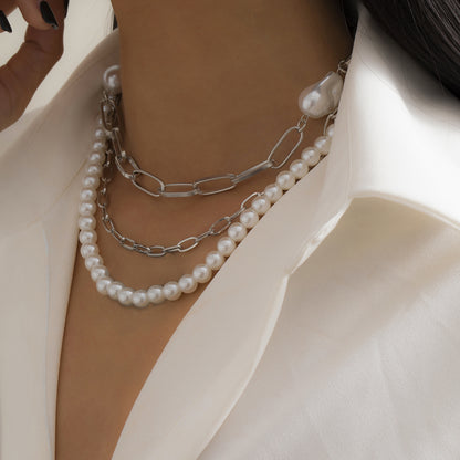 Pearl and Silver-Plated Figaro Chain Necklace Set, jewelry gift sets for women, dainty minimalist design, lifestyle look