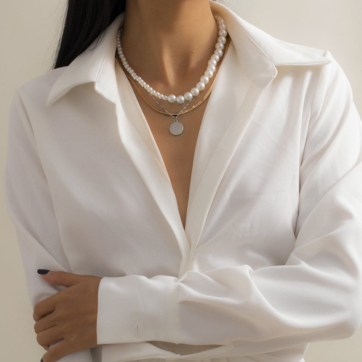 Pearl and Two-Tone Pendant Necklace Set, jewelry gift sets for women, botanical inspired, front view