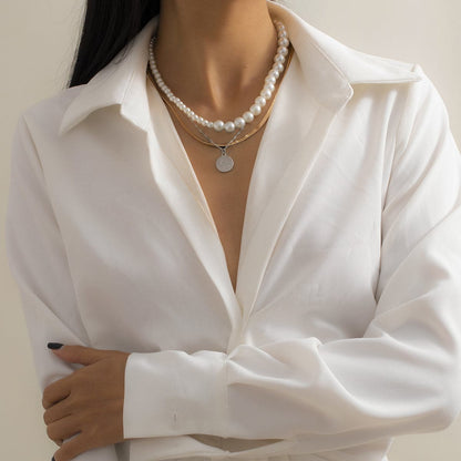 Pearl and Two-Tone Pendant Necklace Set, jewelry gift sets for women, botanical inspired, front view