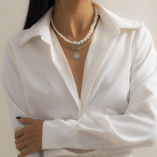 Pearl and Two-Tone Pendant Necklace Set, jewelry gift sets for women, elegant gift for her, front view
