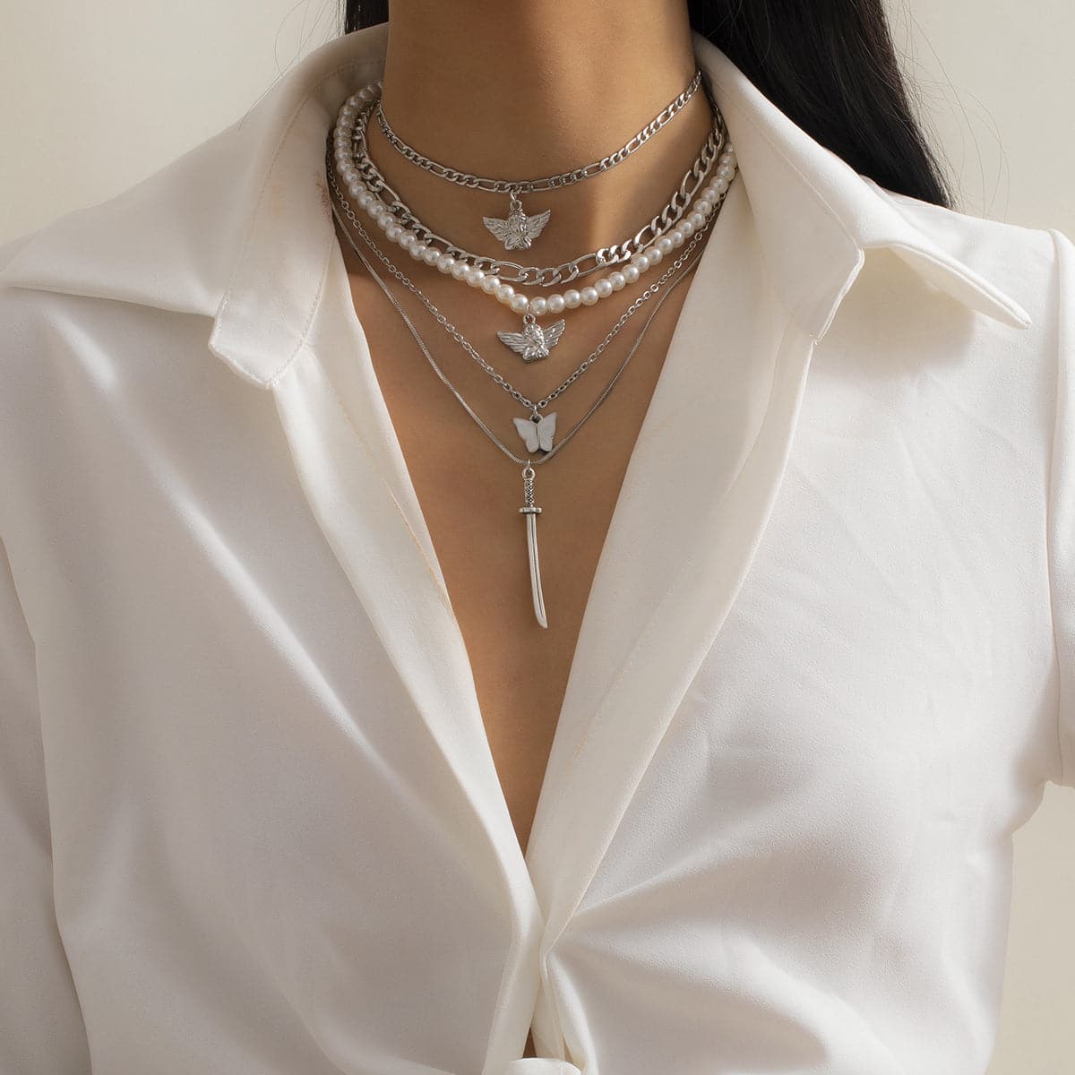Pearl and Shell Angel Butterfly Pendant Necklace Set, jewelry gift sets for women, vintage-inspired design, detail close-up