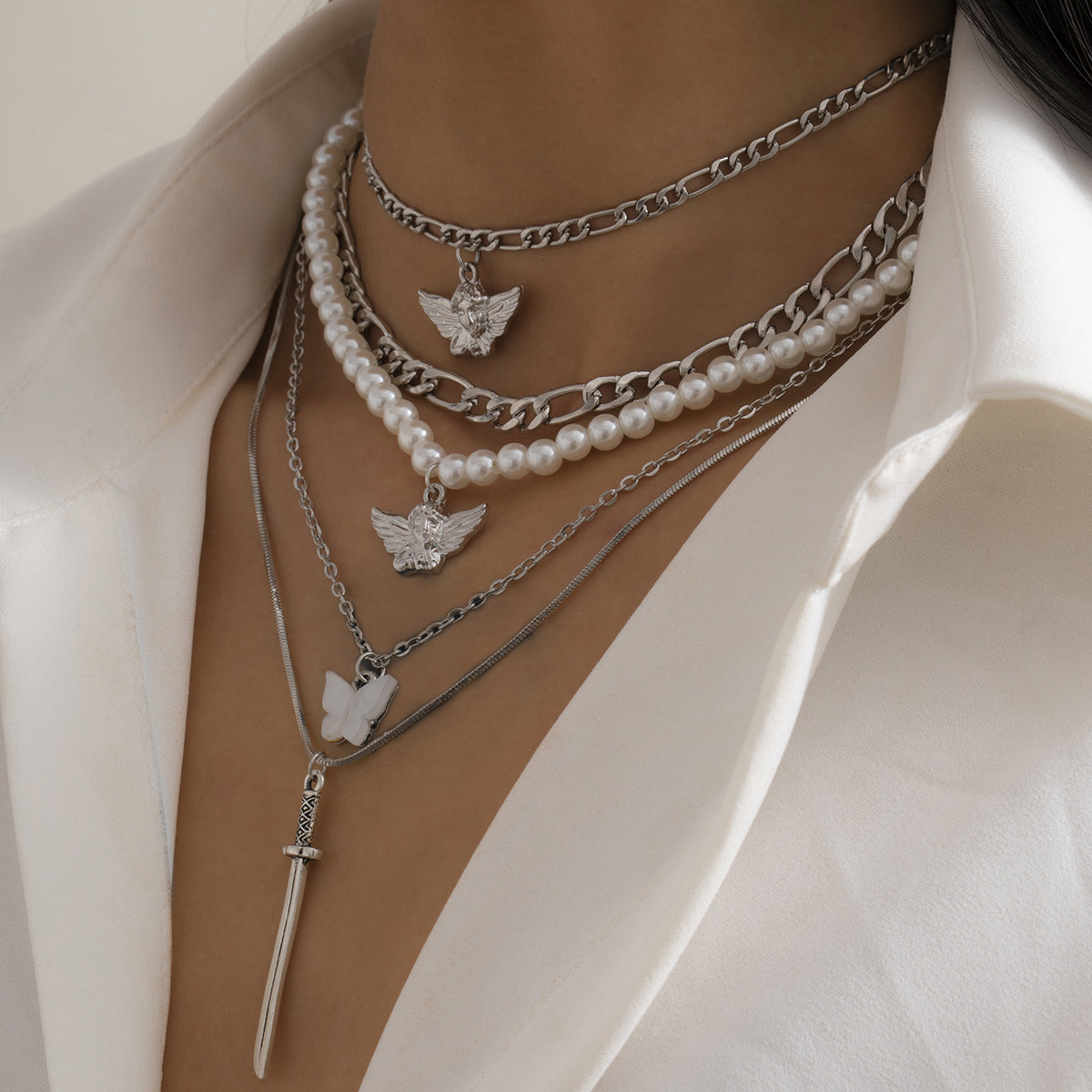 Pearl and Shell Angel Butterfly Pendant Necklace Set, jewelry gift sets for women, vintage-inspired design, lifestyle look