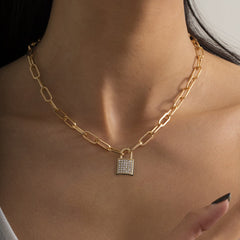 Cubic Zirconia & 18K Gold-Plated Cable Pavé Lock Pendant Necklace