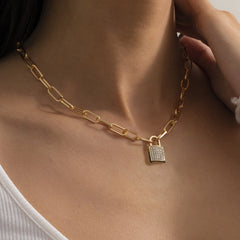Cubic Zirconia & 18K Gold-Plated Cable Pavé Lock Pendant Necklace