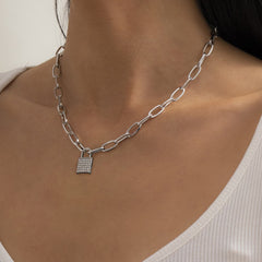 Cubic Zirconia & Silver-Plated Cable Pavé Lock Pendant Necklace