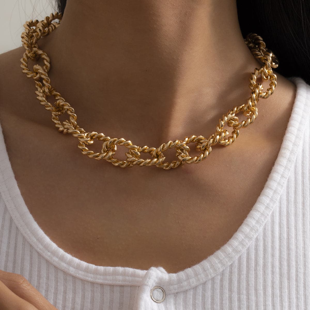 18K Gold-Plated Twist Chain Link Choker, chunky gold choker necklace, botanical inspired, side view