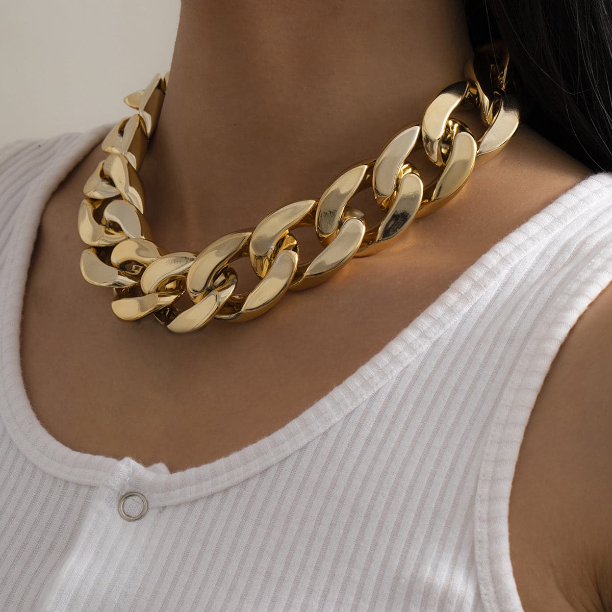 18K Gold-Plated Curb Chain Choker Necklace, chunky gold choker necklace, elegant gift for her, front view