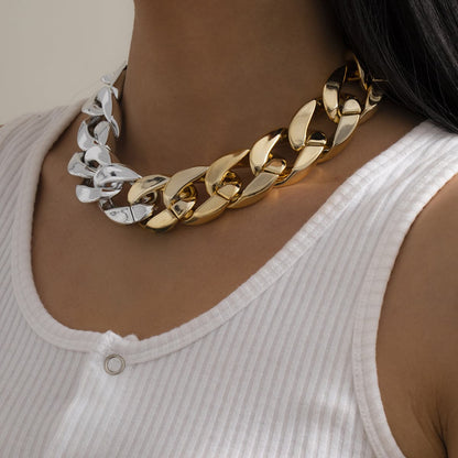 Two-Tone Curb Chain Choker Necklace, chunky choker necklace, botanical inspired, front view