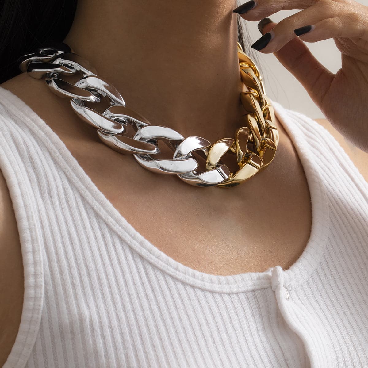 Two-Tone Curb Chain Choker Necklace, chunky choker necklace, botanical inspired, side view