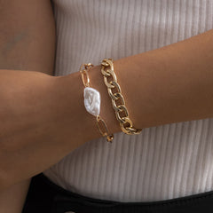 Pearl & 18K Gold-Plated Curb Chain Bracelet Set