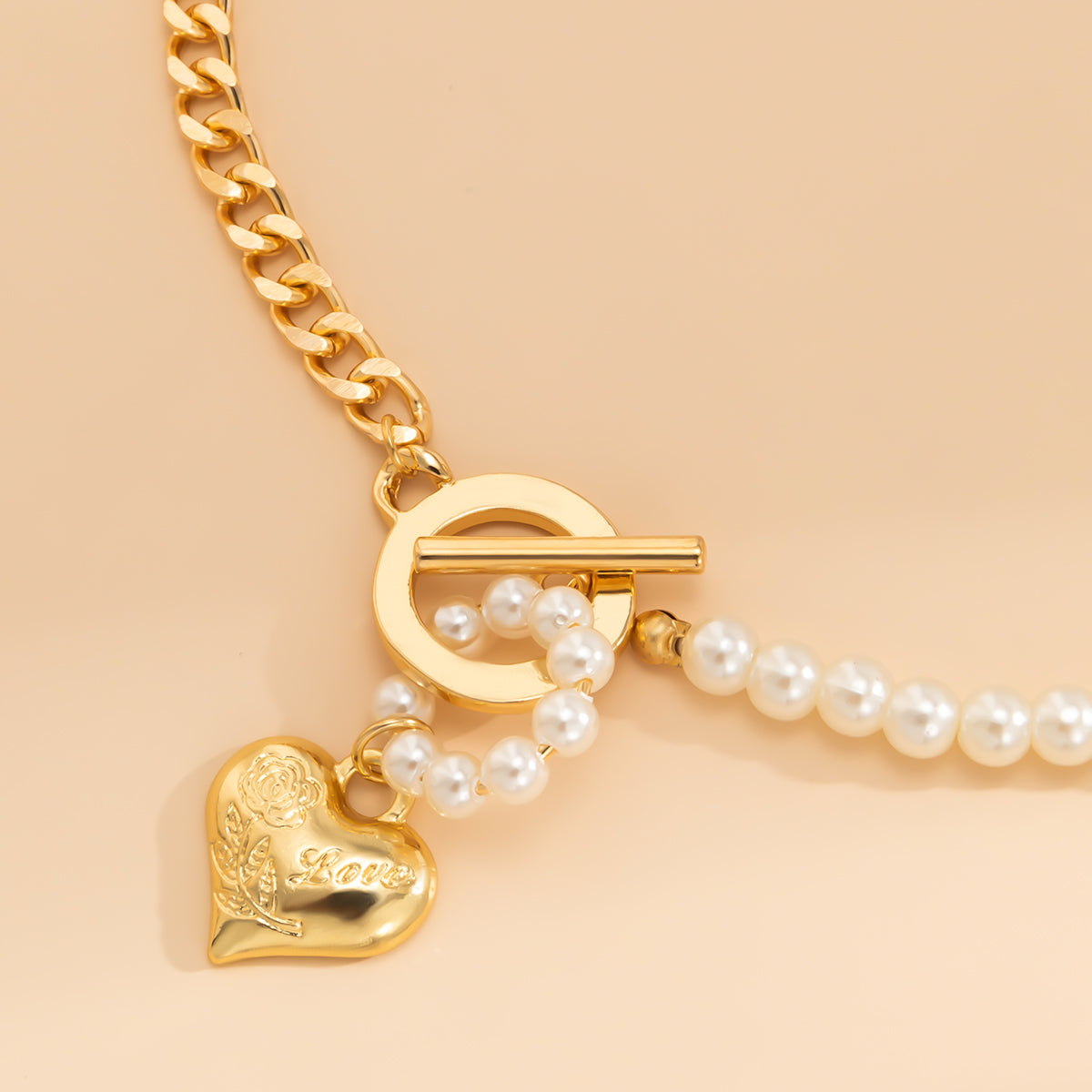 Pearl and 18K Gold-Plated Heart Pendant Necklace, gold pendant necklace for women, dainty minimalist design, side view