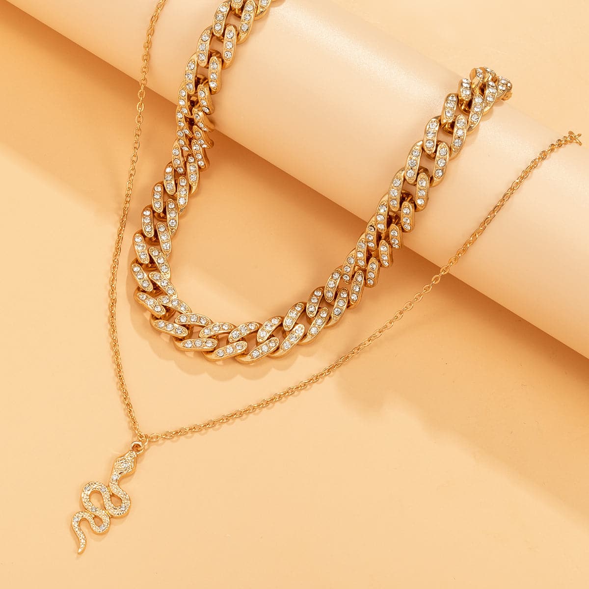 Cubic Zirconia & 18K Gold-Plated Curb Chain Snake Pendant Necklace Set