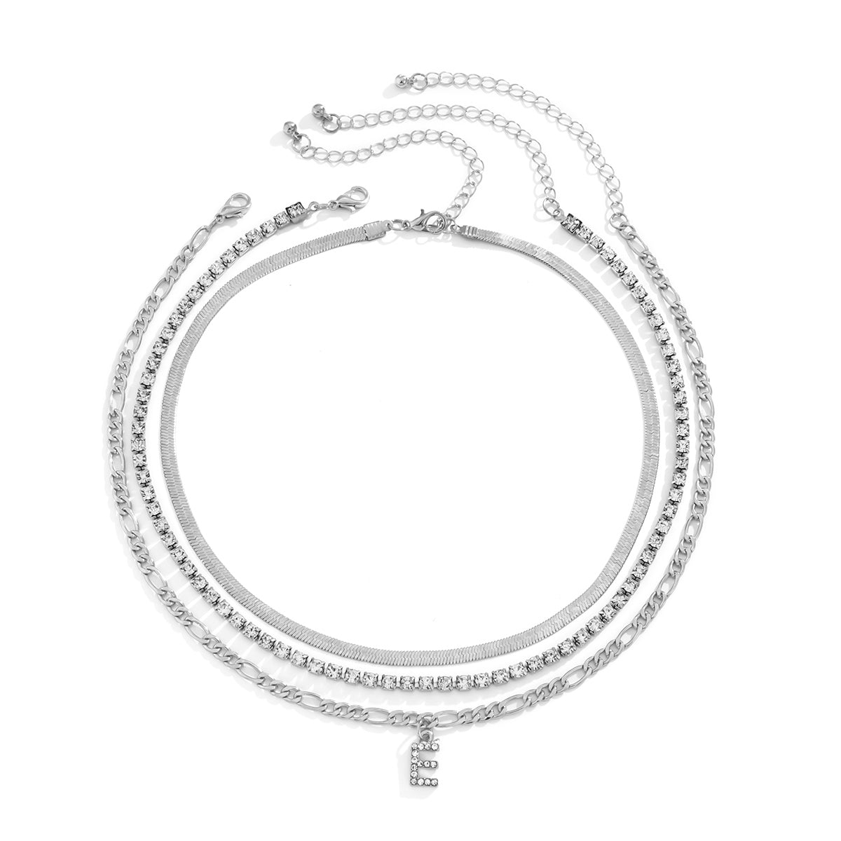 Cubic Zirconia and Silver-Plated Letter 'E' Chain Link Necklace Set, jewelry gift sets for women, side view