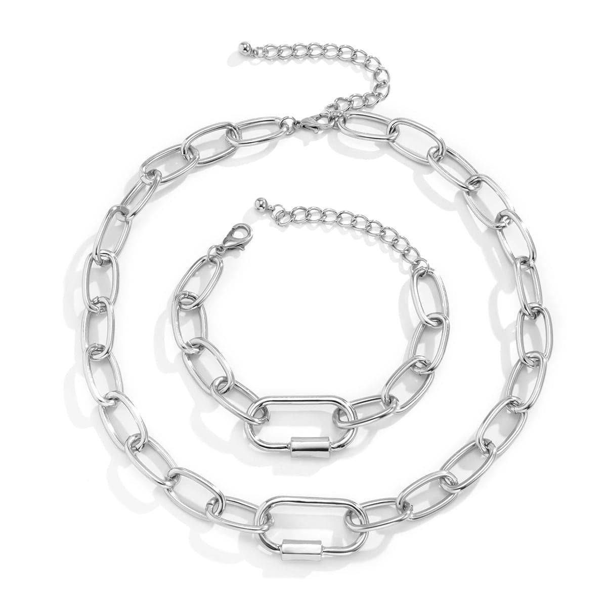 Silver-Plated Chunky Cable Chain and Bracelet Set, jewelry gift sets for women, botanical inspired, side view