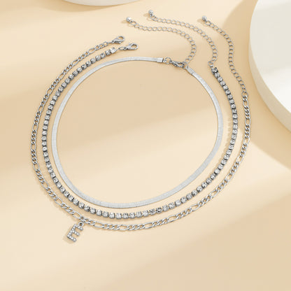 Cubic Zirconia and Silver-Plated Letter 'E' Chain Link Necklace Set, jewelry gift sets for women, detail close-up