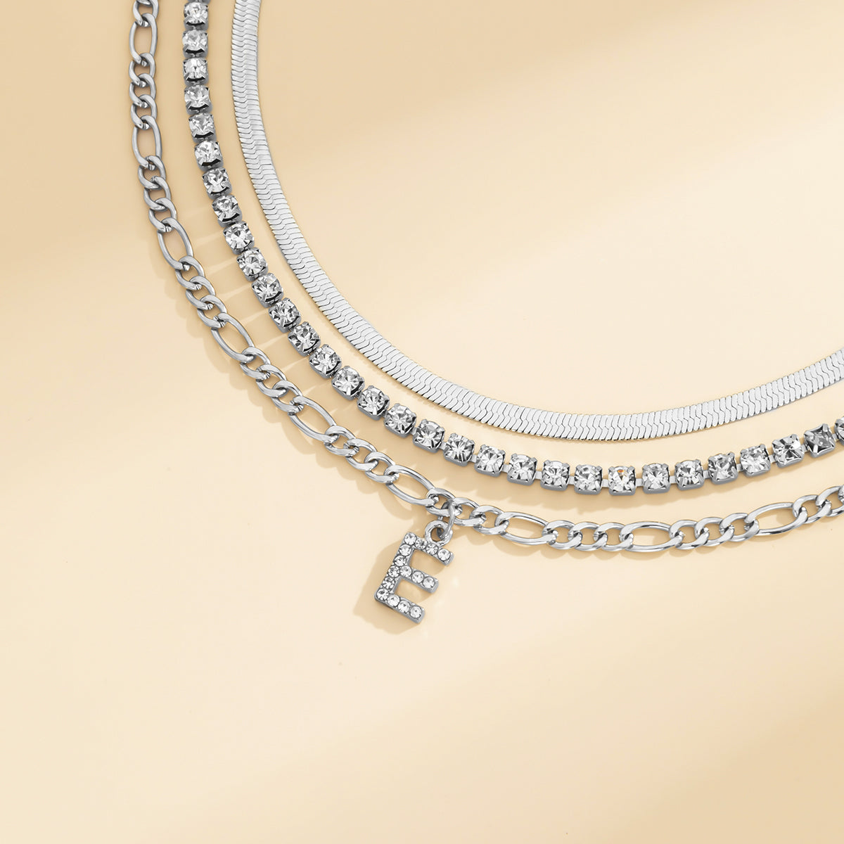 Cubic Zirconia and Silver-Plated Letter 'E' Chain Link Necklace Set, jewelry gift sets for women, lifestyle look