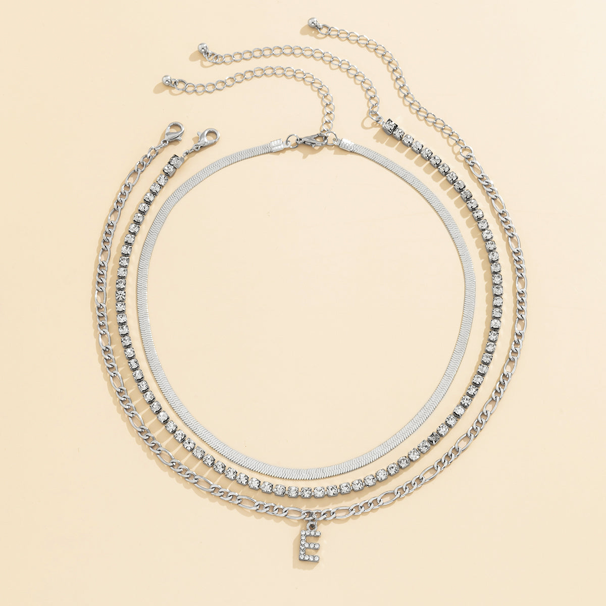 Cubic Zirconia & Silver-Plated Letter 'E' Chain Link Necklace Set