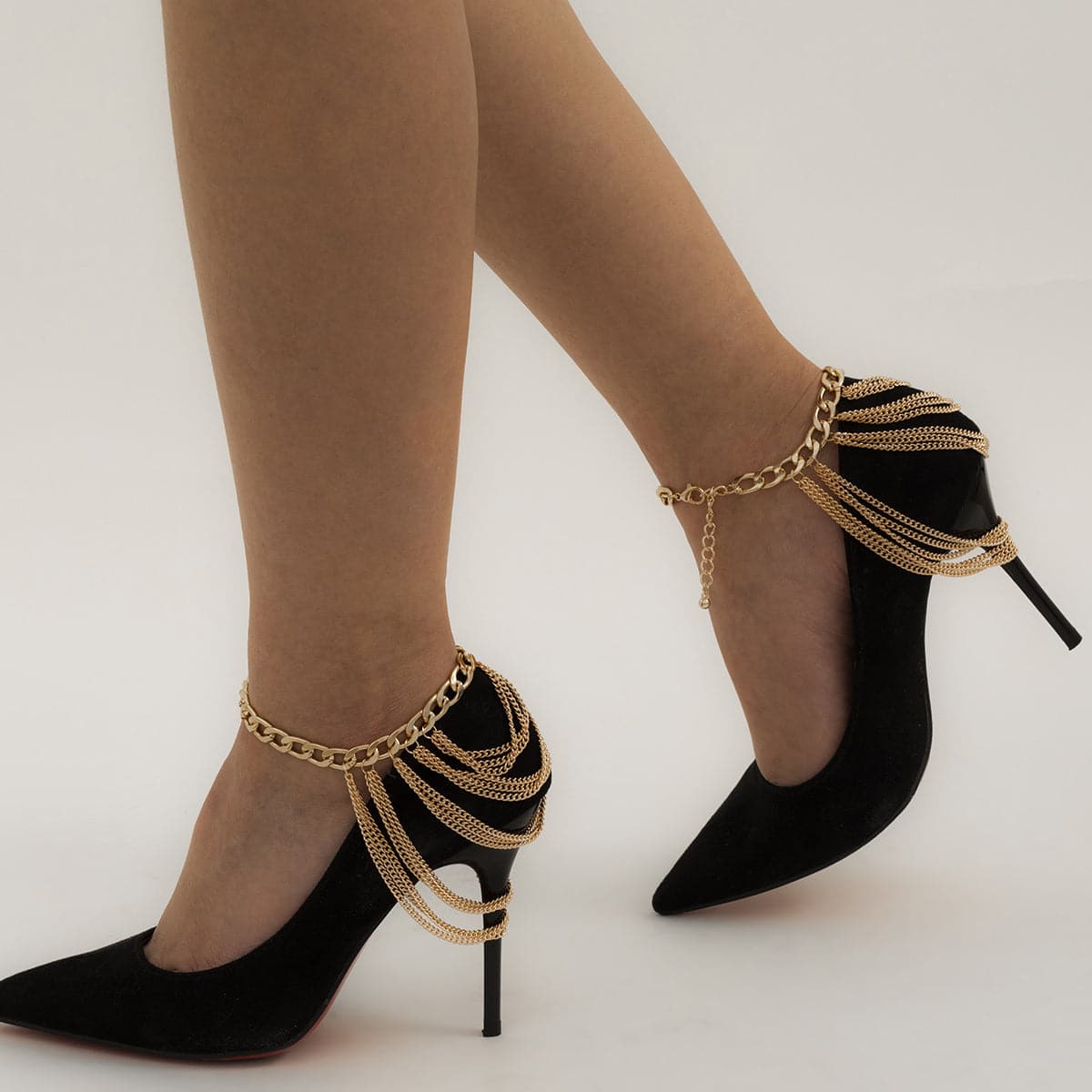 18K Gold-Plated Figaro Layered Tassel Anklet, gold anklet bracelet, dainty minimalist design, side view