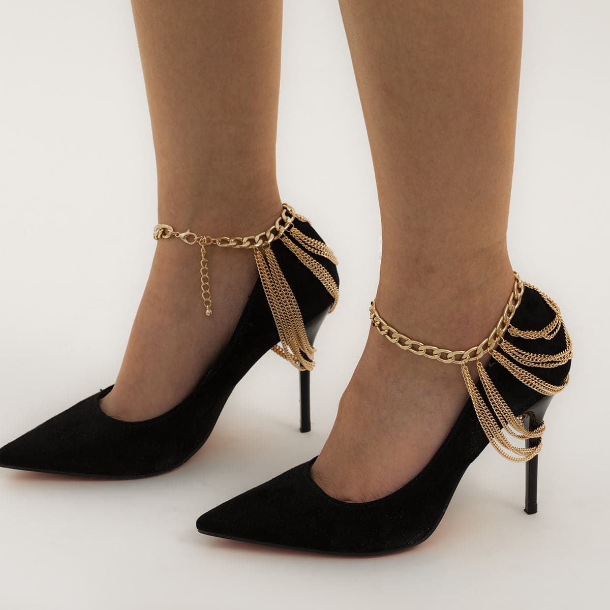 18K Gold-Plated Figaro Layered Tassel Anklet, gold anklet bracelet, dainty minimalist design, detail close-up