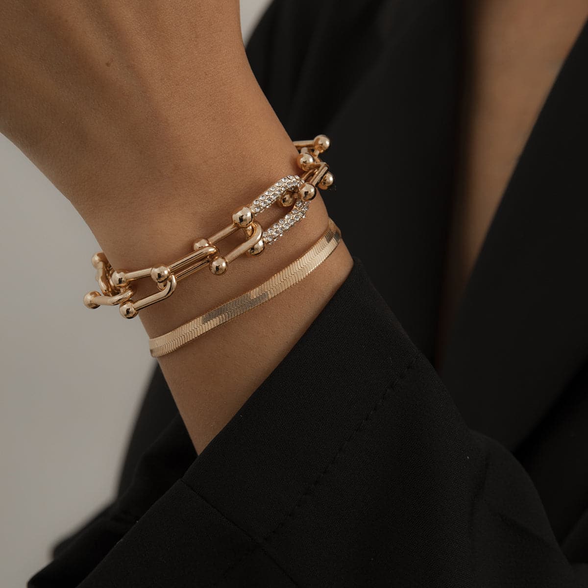 Cubic Zirconia and 18K Gold-Plated Vachette and Snake Chain Bracelet Set, jewelry gift sets for women, side view