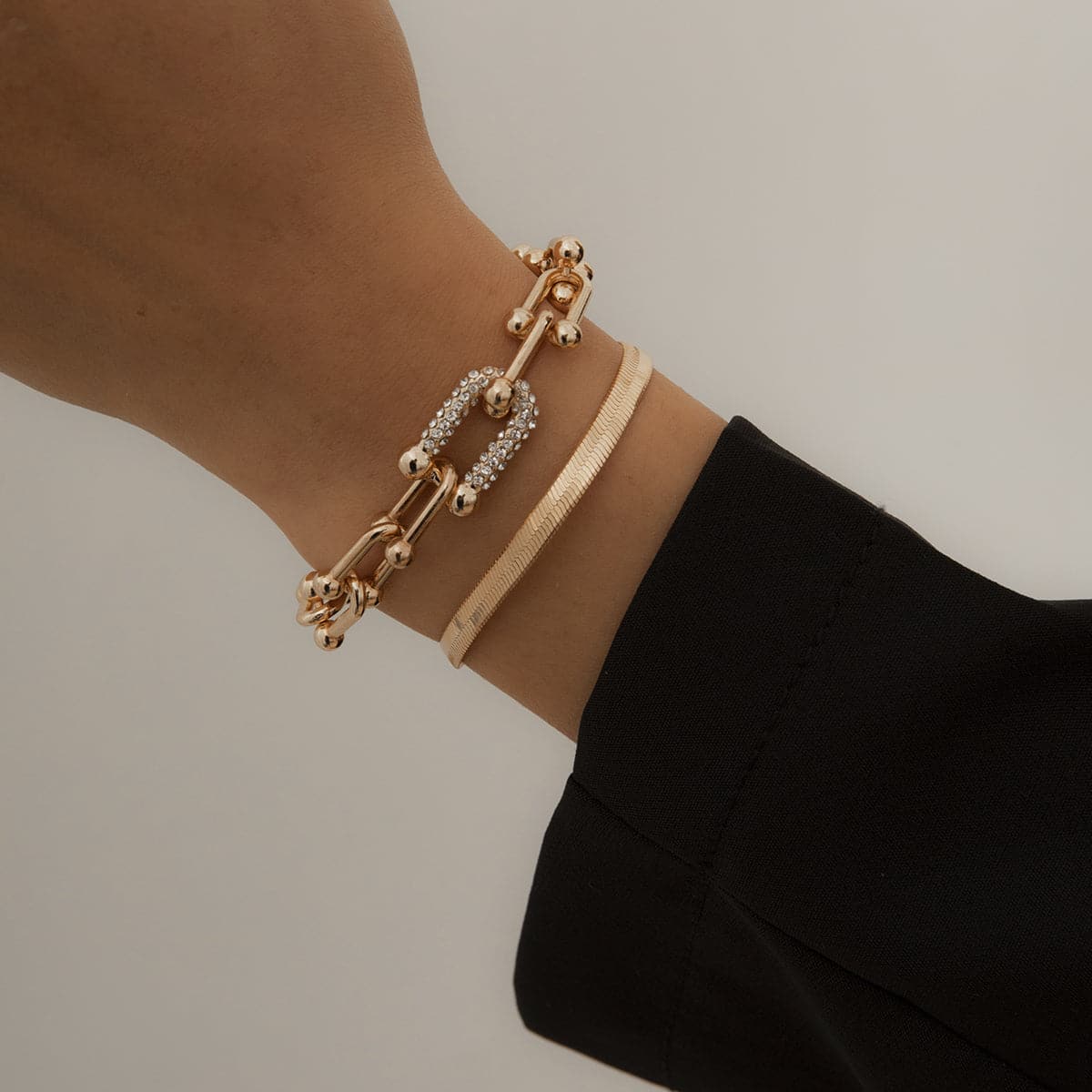 Cubic Zirconia and 18K Gold-Plated Vachette and Snake Chain Bracelet Set, jewelry gift sets for women, detail close-up