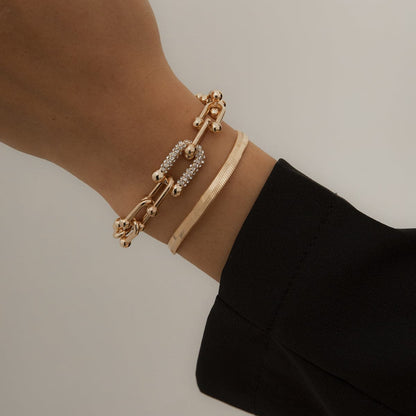 Cubic Zirconia and 18K Gold-Plated Vachette and Snake Chain Bracelet Set, jewelry gift sets for women, detail close-up