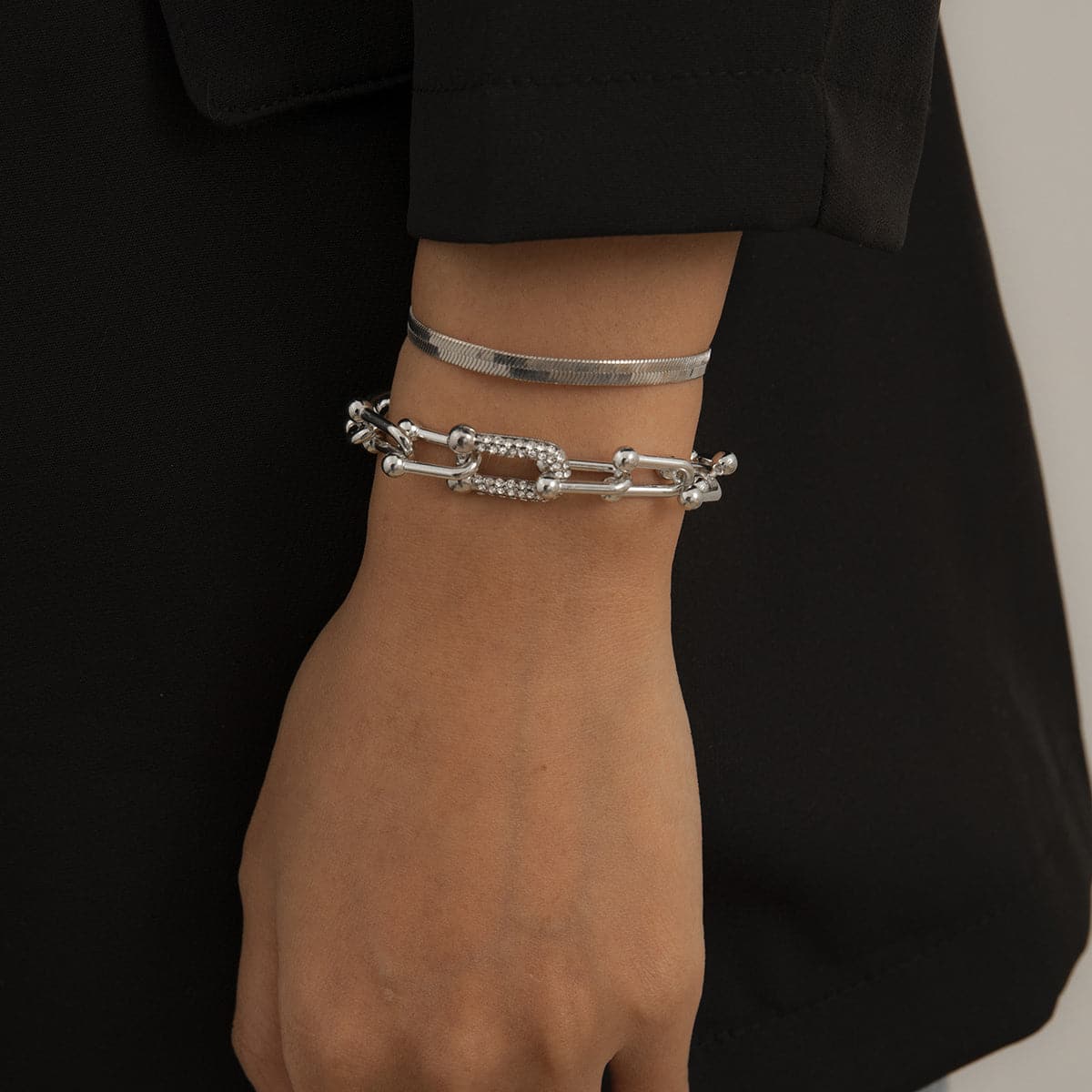 Cubic Zirconia and Silver-Plated Vachette and Snake Chain Bracelet Set, jewelry gift sets for women, side view