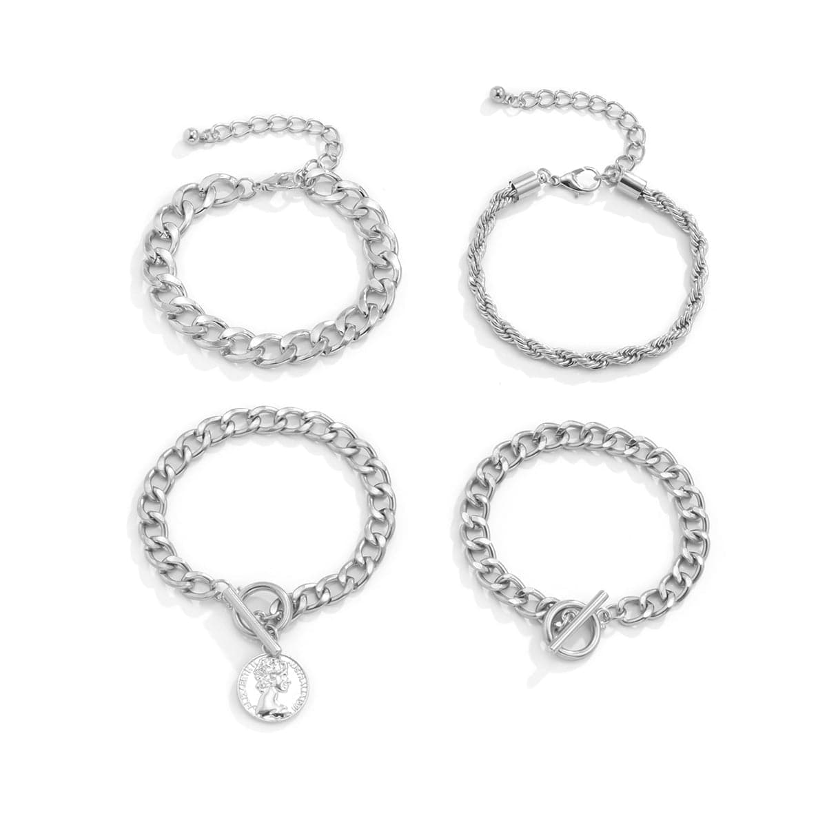 Silver-Plated Coin Toggle Chain Bracelet Set, jewelry gift sets for women, vintage-inspired design, side view