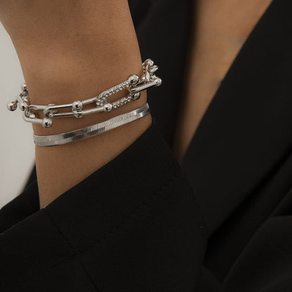 Cubic Zirconia and Silver-Plated Vachette and Snake Chain Bracelet Set, jewelry gift sets for women, detail close-up