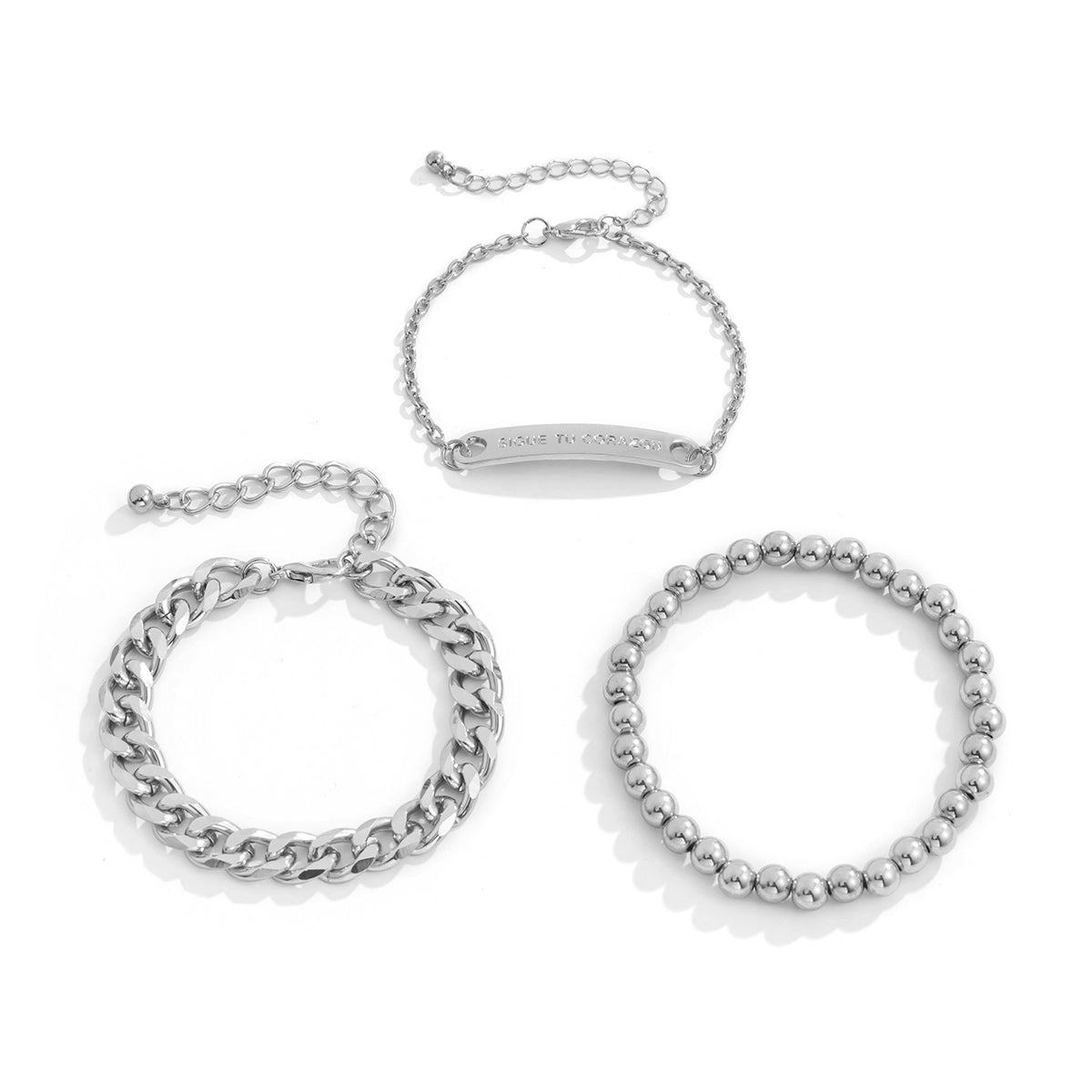 Silver-Plated 'Corazén' ID Curb Chain Beaded Stretch Bracelet Set