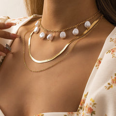 Pearl & 18K Gold-Plated Herringbone Layered Necklace