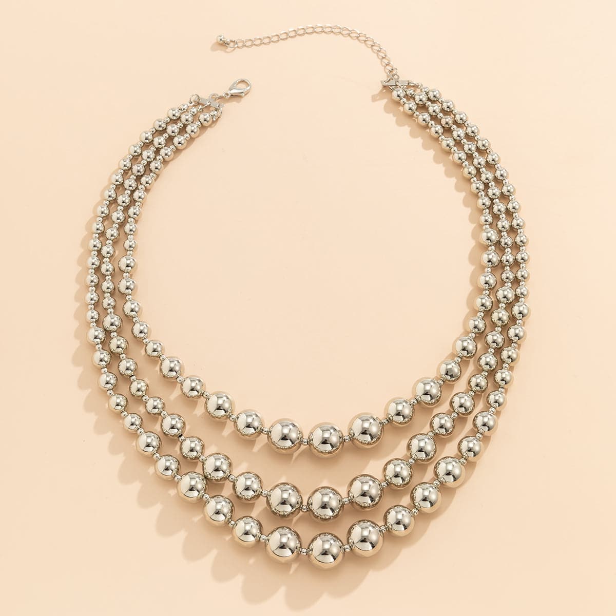Silver-Plated Bead Chain Layered Necklace, silver pendant necklace for women, botanical inspired, detail close-up