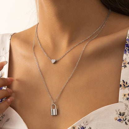 Silver-Plated Heart and Lock Layered Pendant Necklace, silver pendant necklace for women, detail close-up
