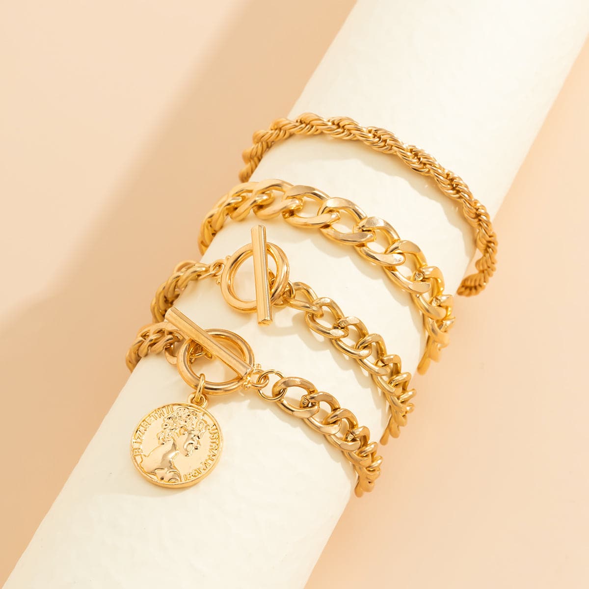 18K Gold-Plated Coin Toggle Chain Bracelet Set, jewelry gift sets for women, elegant gift for her, detail close-up