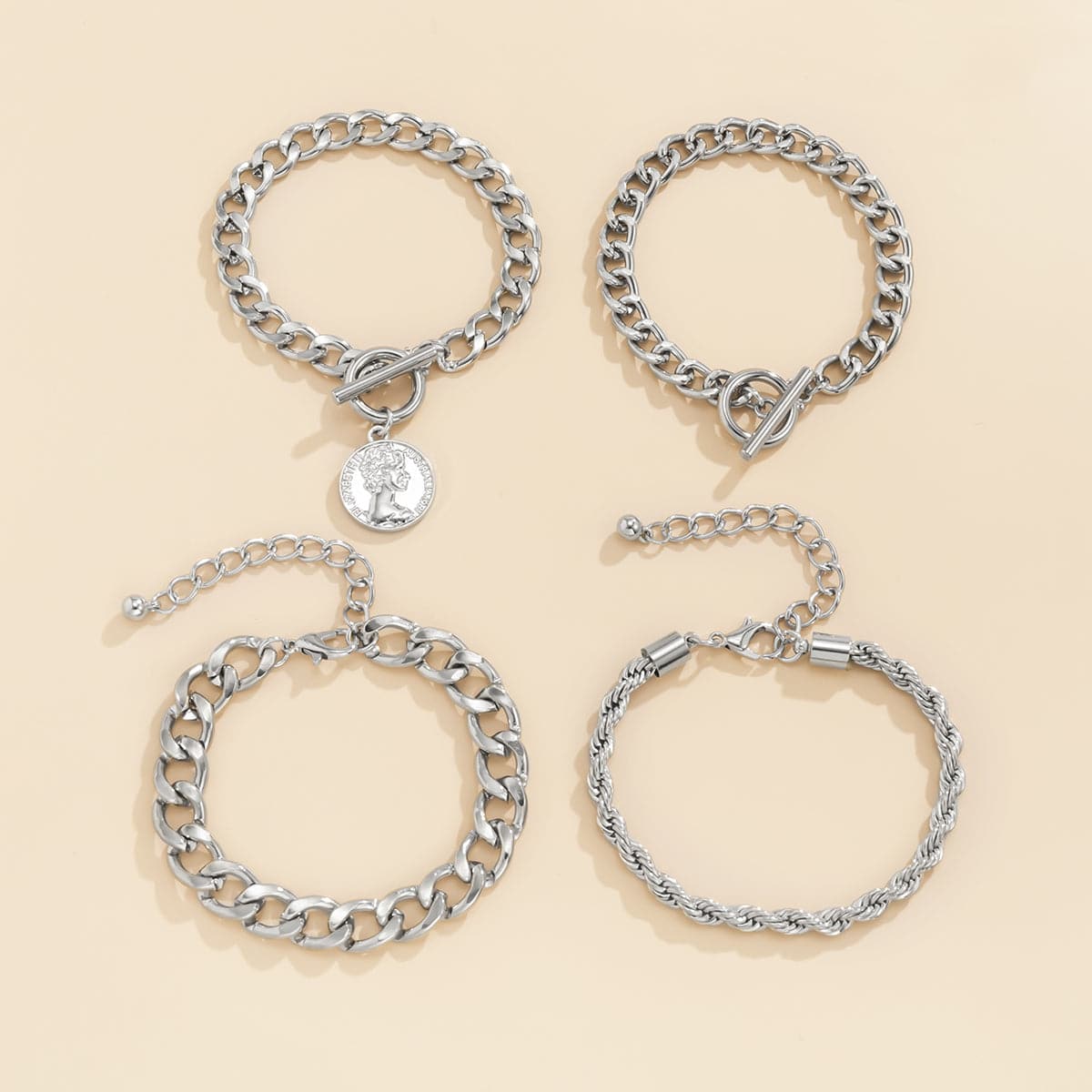 Silver-Plated Coin Toggle Chain Bracelet Set, jewelry gift sets for women, vintage-inspired design, detail close-up
