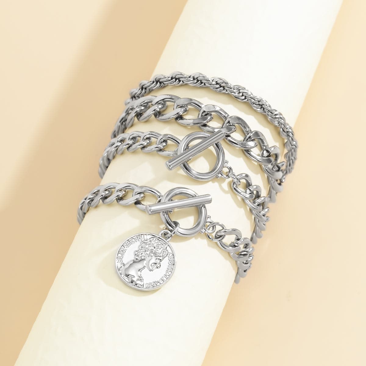 Silver-Plated Coin Toggle Chain Bracelet Set, jewelry gift sets for women, vintage-inspired design, styled look
