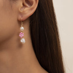 Pearl & Pink Howlite 18 Gold-Plated Flower Tiered Drop Earrings