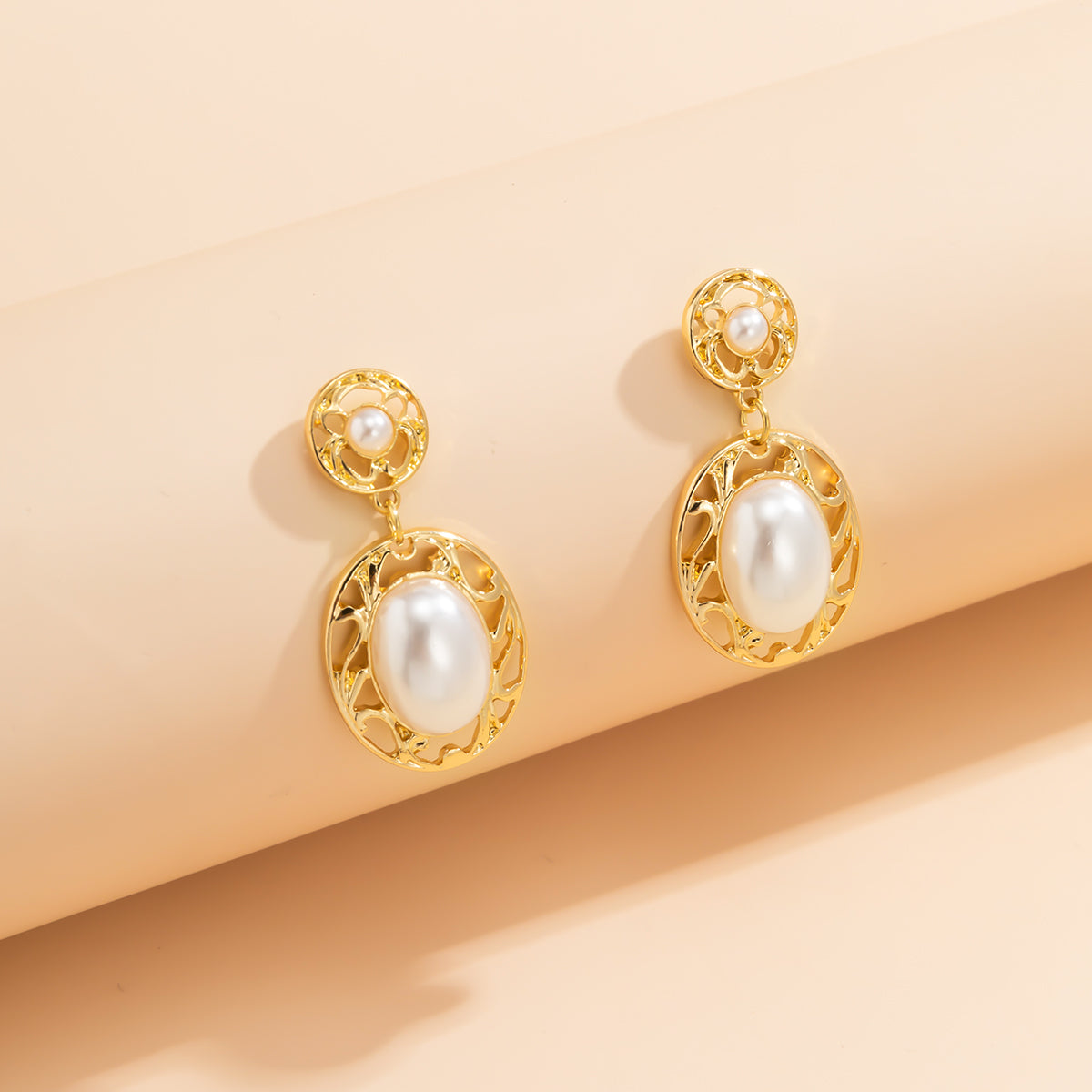 Pearl and 18K Gold-Plated Filigree Drop Earrings, gold drop earrings for women, botanical inspired, front view