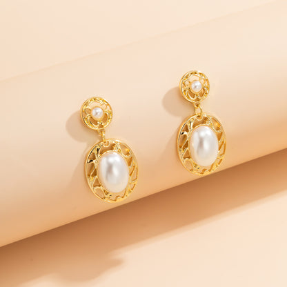 Pearl and 18K Gold-Plated Filigree Drop Earrings, gold drop earrings for women, botanical inspired, front view