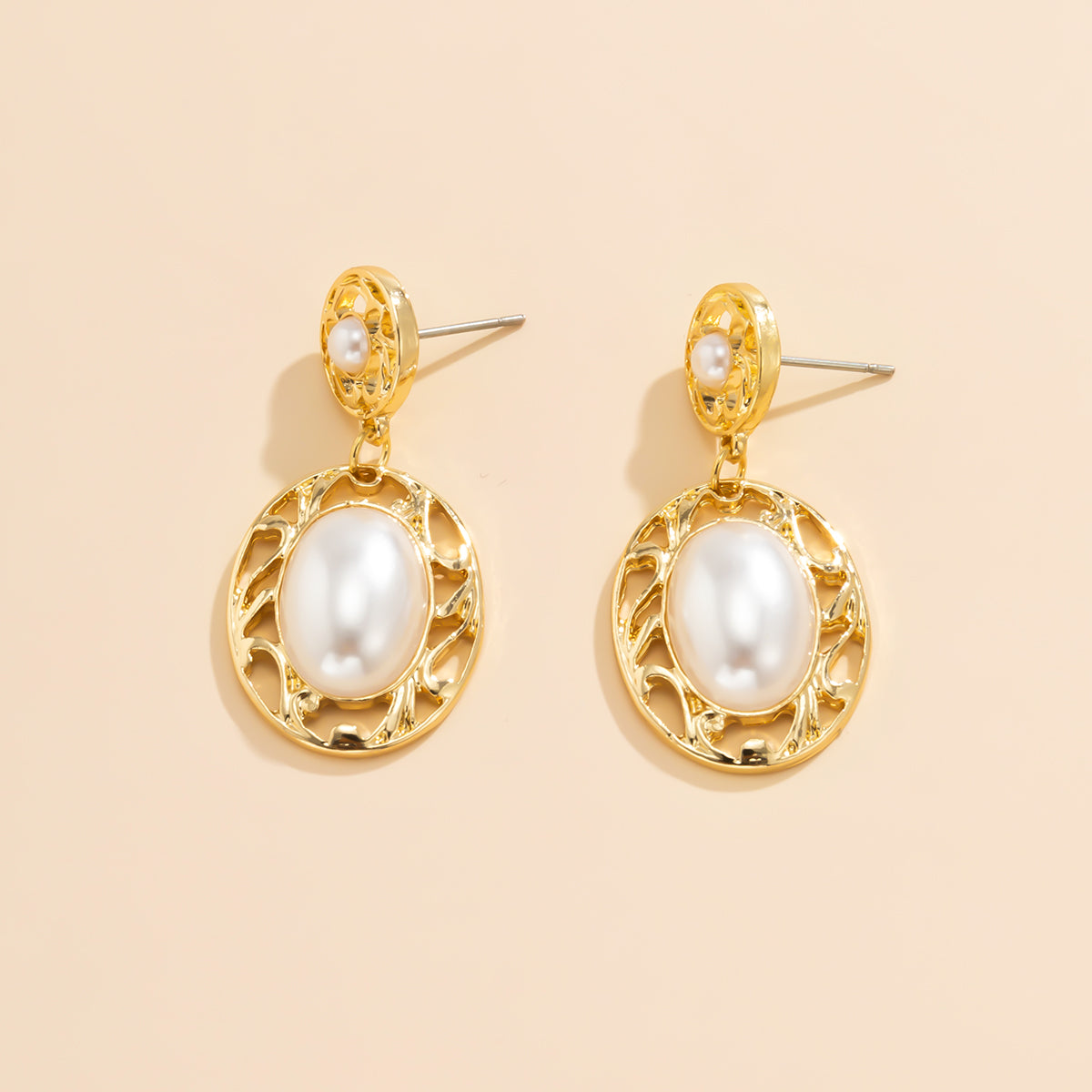 Pearl and 18K Gold-Plated Filigree Drop Earrings, gold drop earrings for women, botanical inspired, side view