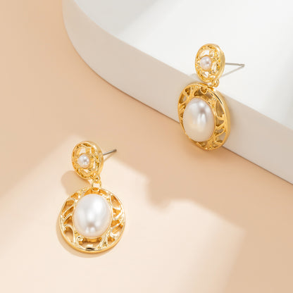 Pearl and 18K Gold-Plated Filigree Drop Earrings, gold drop earrings for women, botanical inspired, detail close-up