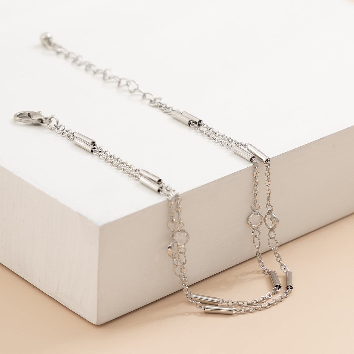 Cubic Zirconia & Silver-Plated Tube Layered Anklet